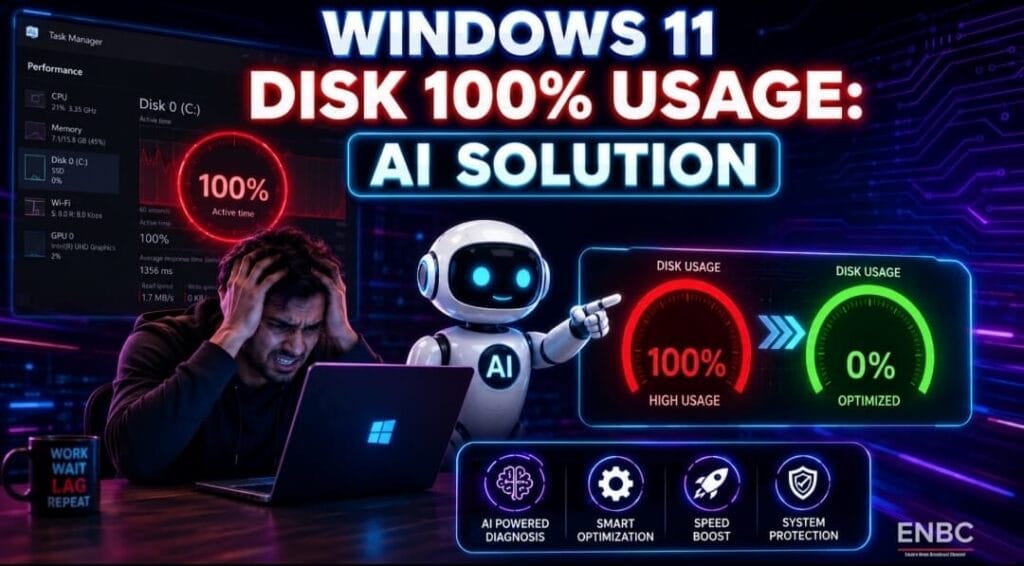 Windows 11 Disk performance 100% Usage Problem with AI Solution - Frustrated user with laptop and AI robot showing disk usage going from 100% to 0%