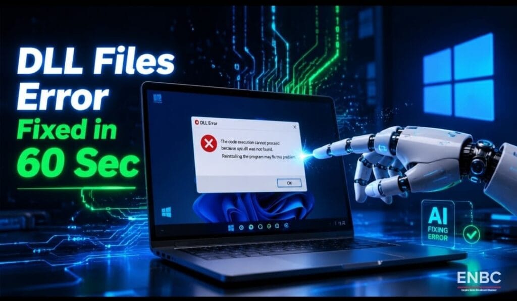 Windows 2026 PC with Microsoft DLL error gear icon and AI fix