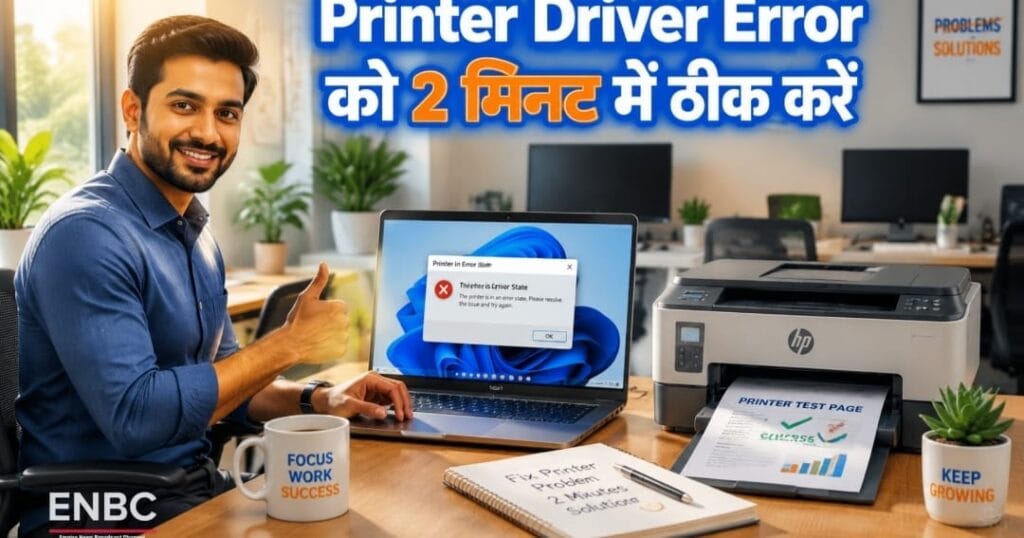ऑफिस में व्यक्ति लैपटॉप और प्रिंटर के साथ Windows 11 printer driver error ठीक करते हुए