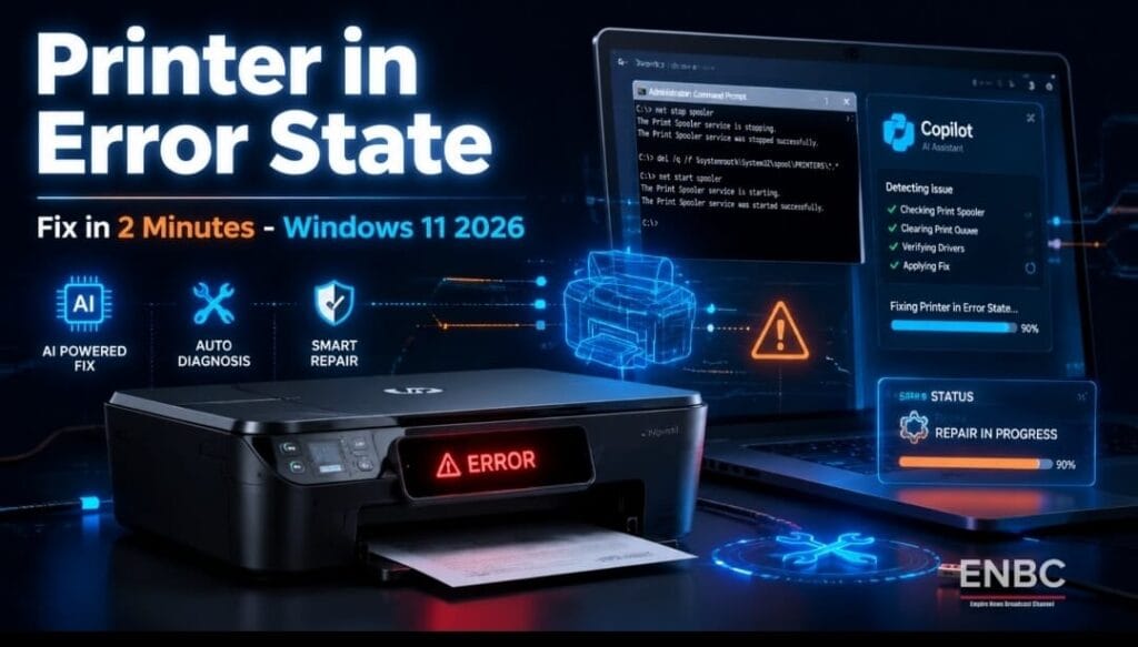 showing Printer in error state on Windows 11 2026 with AI fix and CMD commands