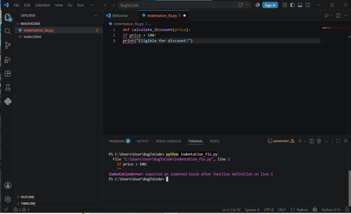 Python IndentationError Terminal Output
