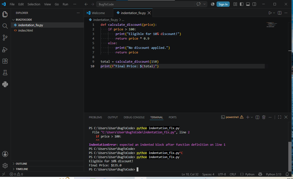 Fixed Python IndentationError Output Result