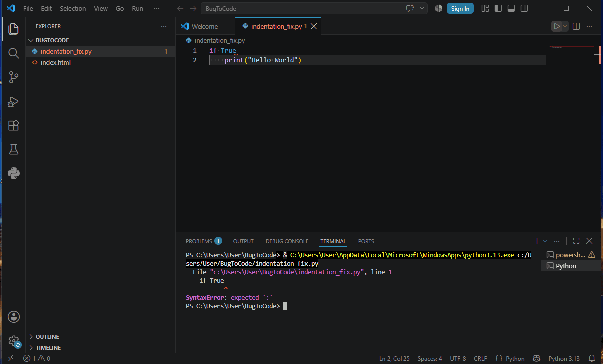 Python SyntaxError expected colon error in VS Code terminal